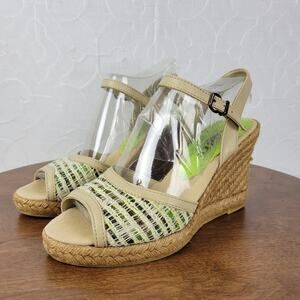 Soher Womens Sandals 36 US6 Green Tan Open Toe Ankle Strap Wedge Heel Espadrille